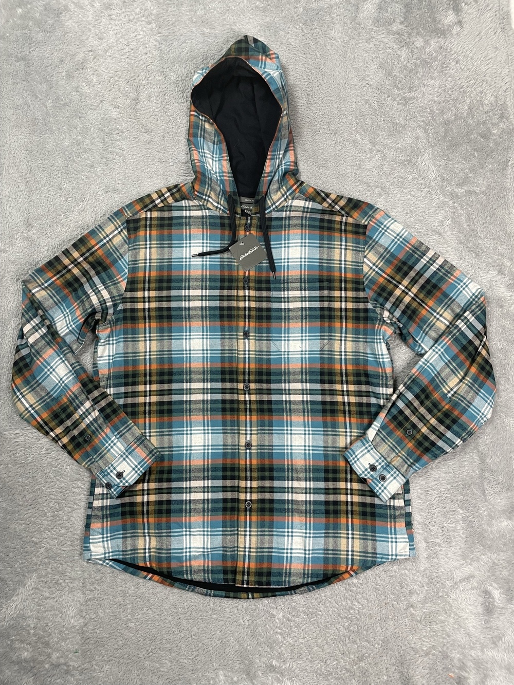 Eddie Bauer Jacket Mens Large Blue Plaid Flannel Hooded Shirt Jack Button Lined